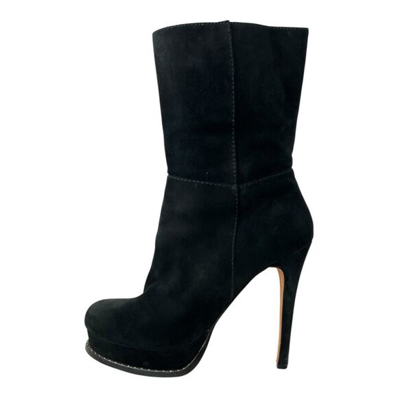 DKNY Teryn Black Suede Mid-Calf Stiletto Platform Boots Gold Zip Women's Size 10 - Picture 1 of 12